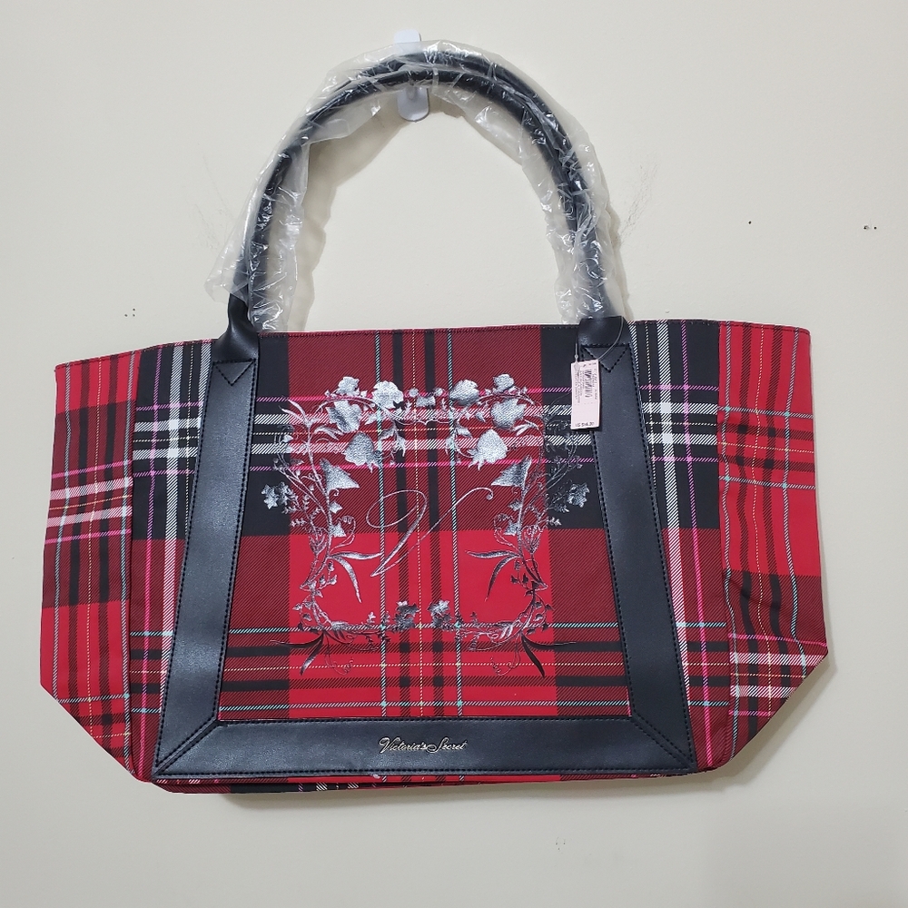 NWT Victoria's Secret Tote Red Black Plaid Floral
